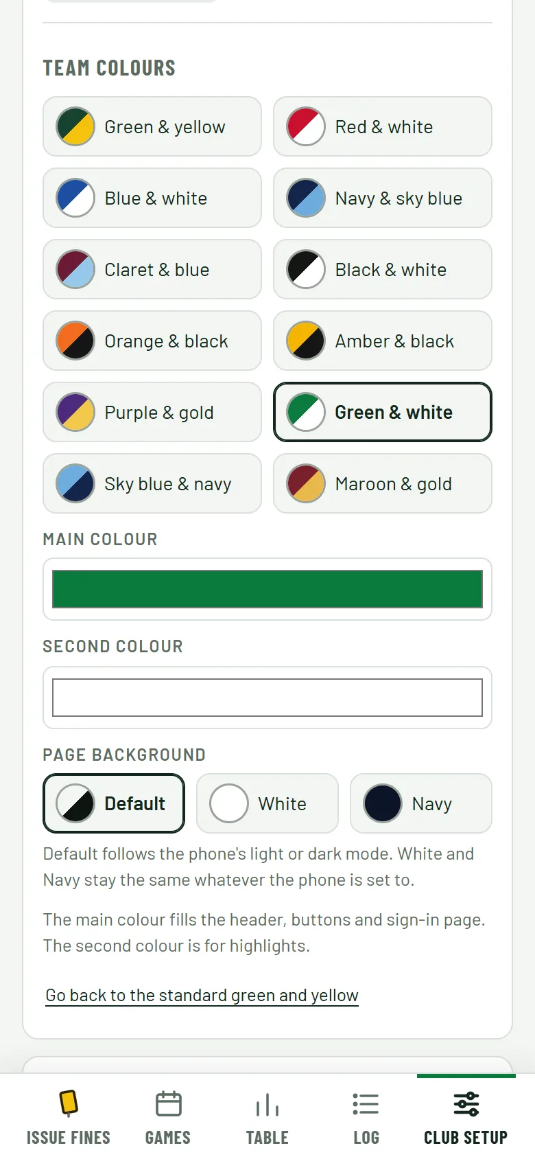 The team colours picker, with kit pairs, two colour pickers and a choice of page background.