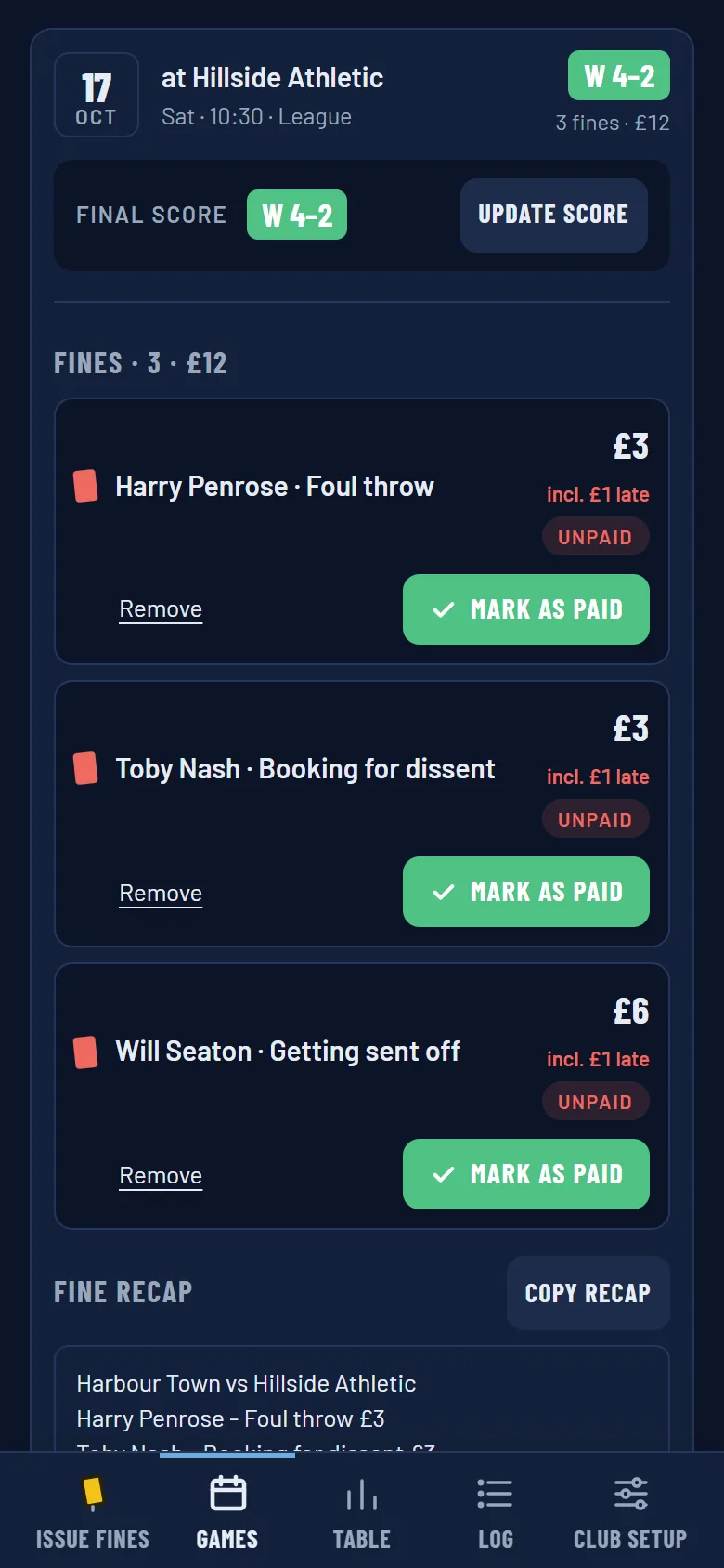 A game opened to show its score and the fines from that match.