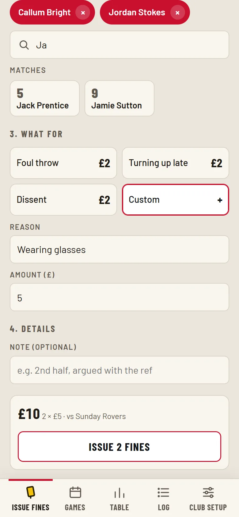 Issuing a fine: the game, two players picked and the fine chosen.