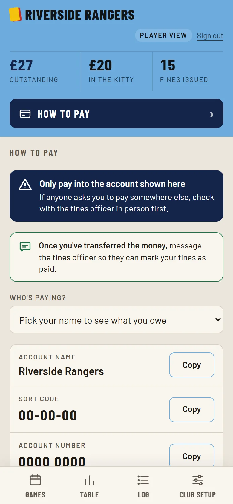 The How to pay screen, with the club's bank details and copy buttons.